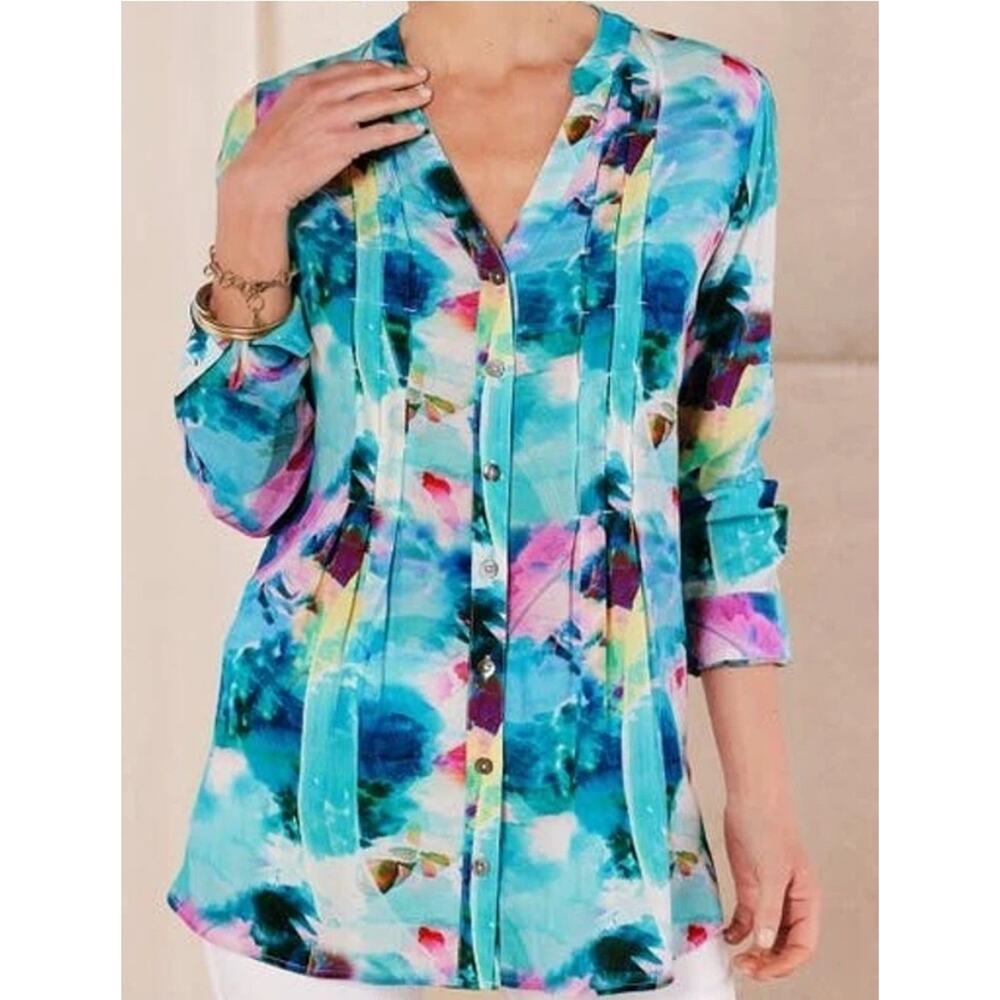 Soft Surroundings Ursa Aqua Modern Button Down Blouse Sz Medium